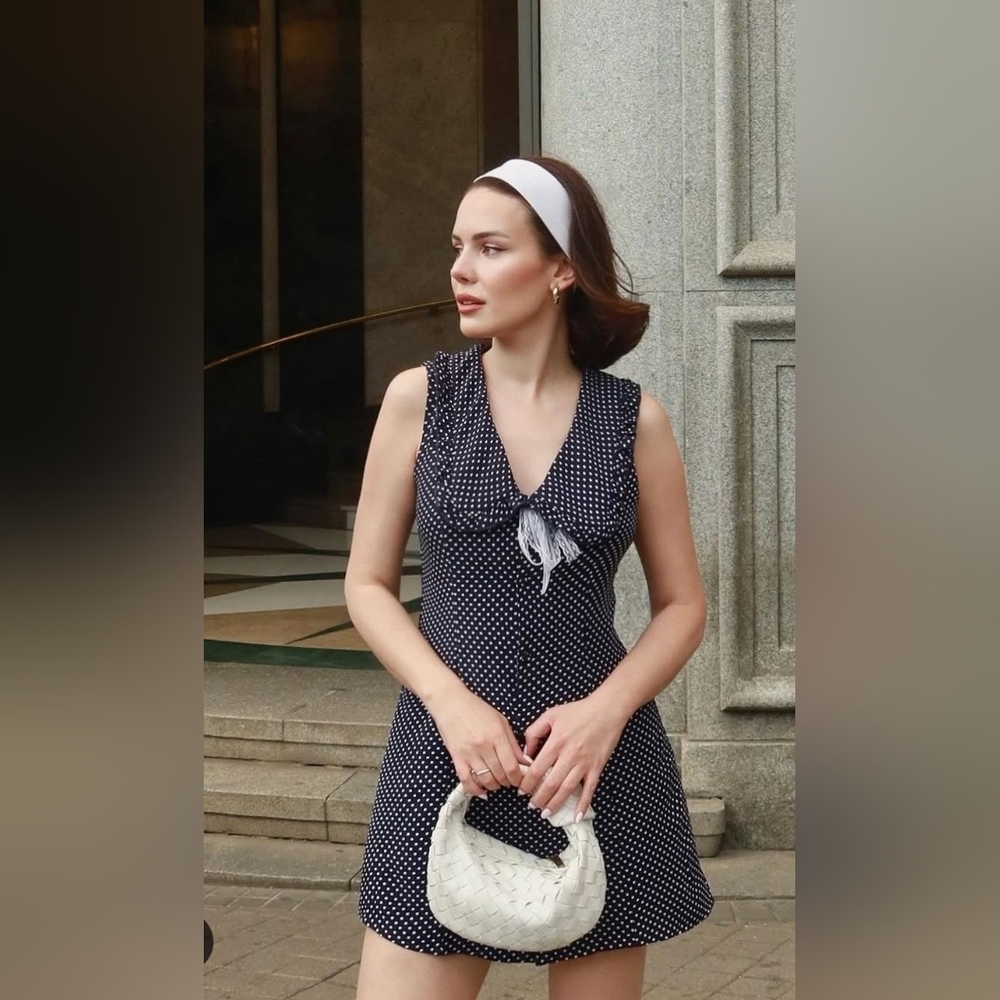 Rhoas Navy Dress with White Dots and Ruffles